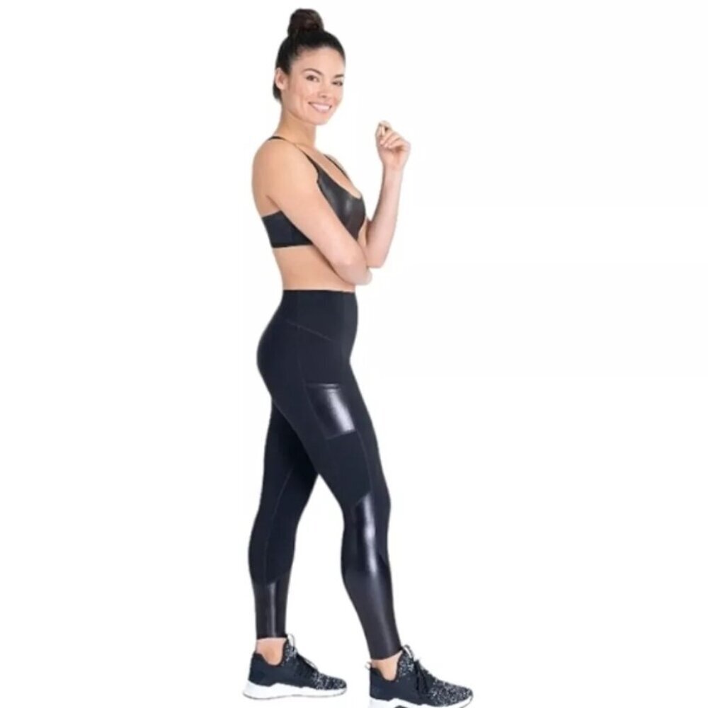 Spanx Pants Women's Medium Black Gloss Panel Leggings Mixed Media Pleather